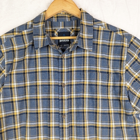 Prana Plaid Button Front Shirt Large Blue Gold - Picture 3 of 11